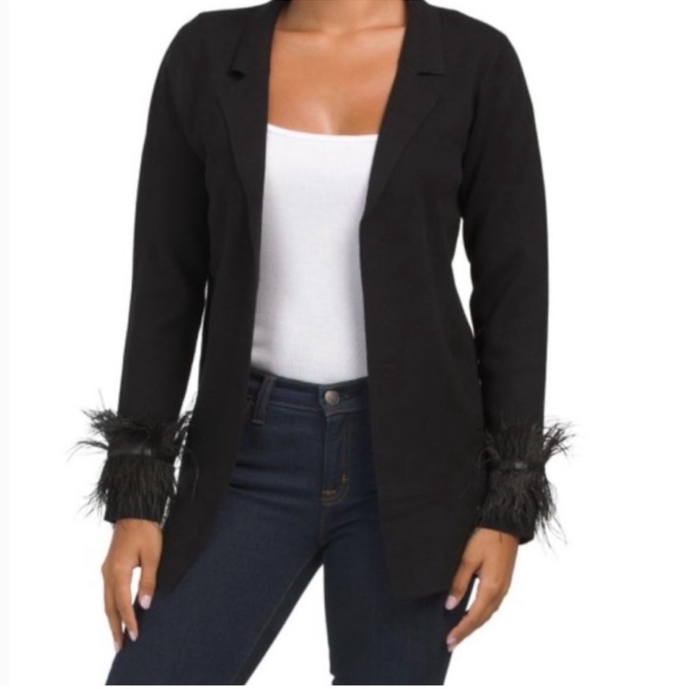 Sioni Black Longline Open Front Feather Cuff Knit Cardigan Sweater Blazer